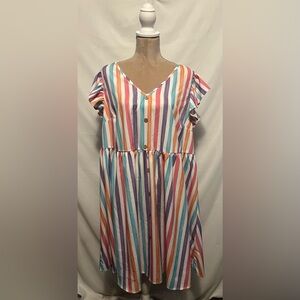 Emory Rose  Striped Button Front A-Line Flutter Sleeve Knee Length Dress- 3X